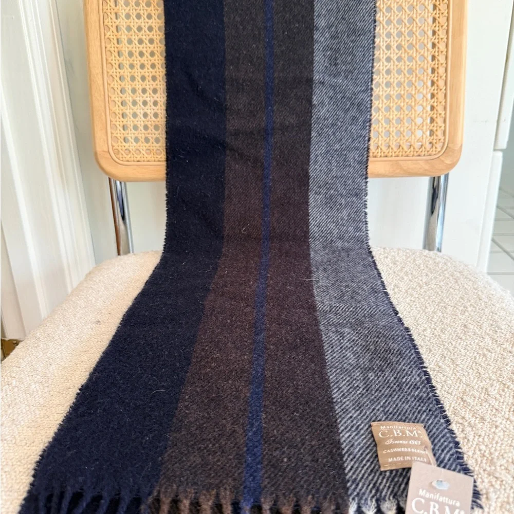 Made in Italy 80% Wool 20% Cashmere Striped Fringe Scarf  Navy Brown Gray NWT